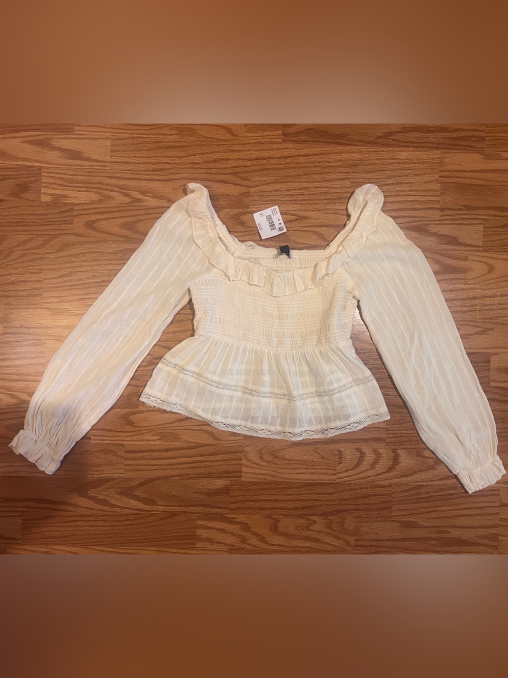 American Eagle Outfitters Cream Ruffle Long-Sleeve Peplum Blouse